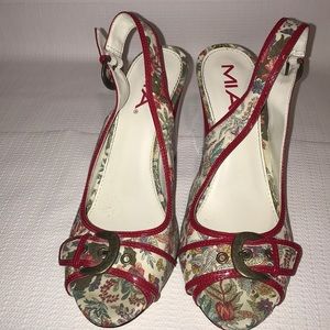 Red Floral Textile / Red Patent Leather